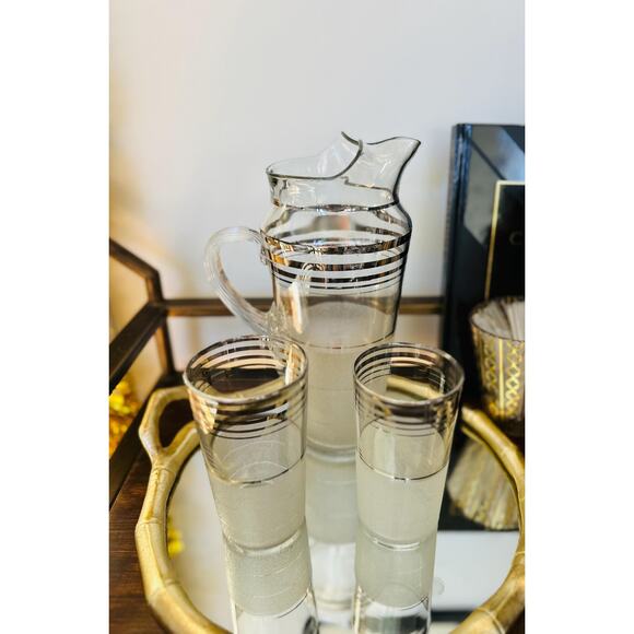 Art Deco Frosted‎ Glass and Silver Striped Pitcher and Two Matching Glasses - Picture 1 of 9